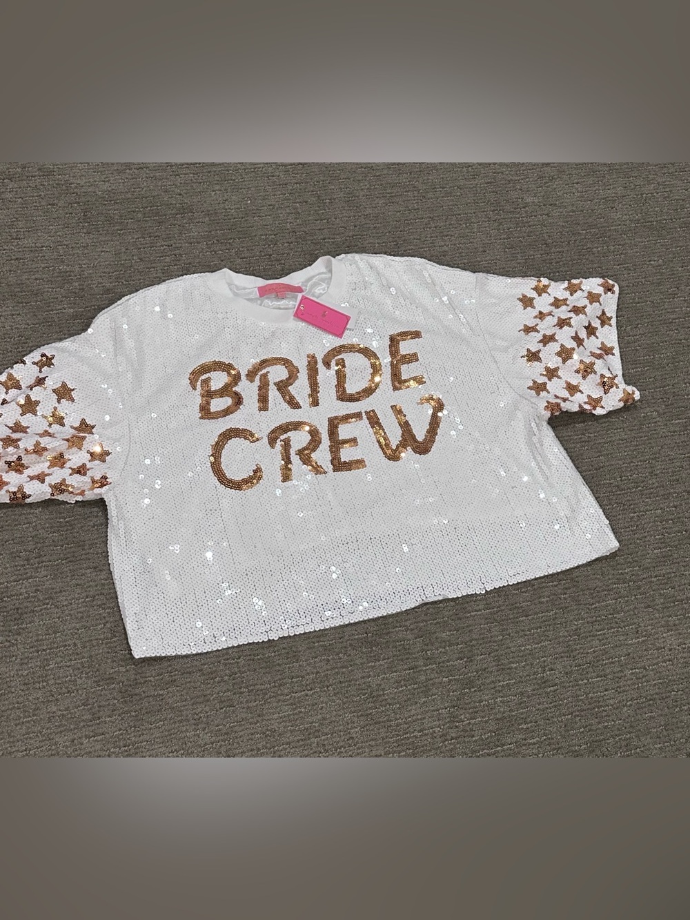 Simply Southern White Sequin Womens Sweatshirt with gold  'BRIDE CREW'